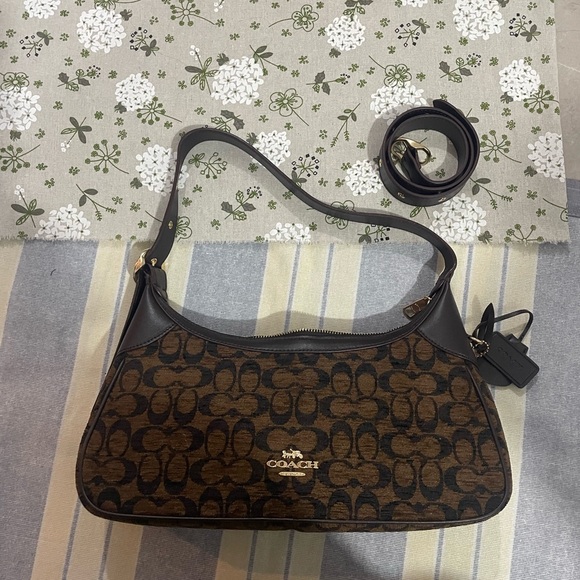 Coach Handbags - Coach Brown and Dark Brown Signature Jacquard Shoulder Bag with Gold Hardware
